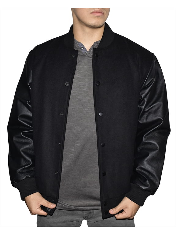 Victory Outfitters Men's Wool Blend Letterman Jacket with Genuine Leather Sleeves