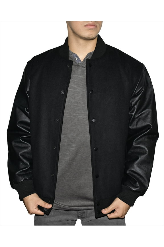Victory Outfitters Men's Wool Blend Letterman Jacket with Genuine Leather Sleeves