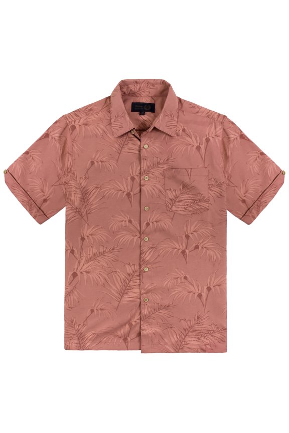Men's Woven Short Sleeve Button Up with Textured Leaf Pattern - Melon - M
