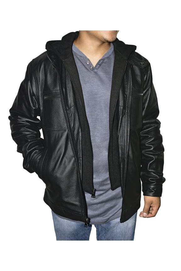 Victory Outfitters Men's Zip Out Removable Hood Genuine Leather Jacket - Black - XLT