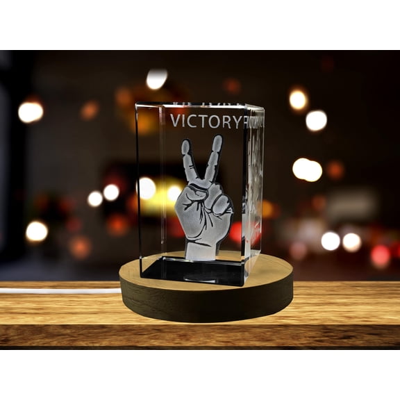 Victory Sign 3D Engraved Crystal Keepsake