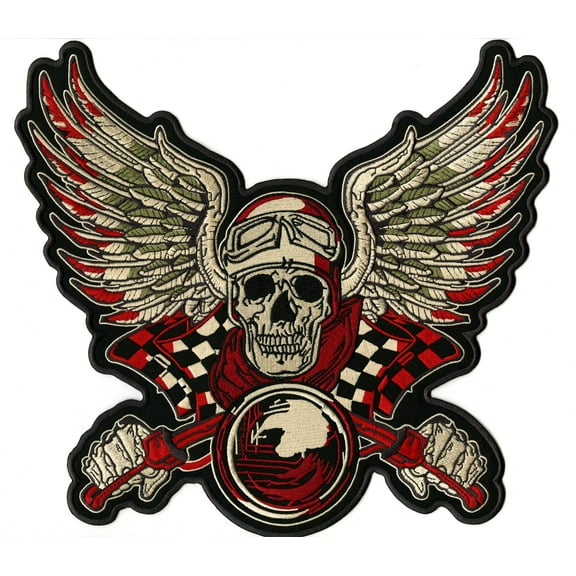 Victory Speed Racing Skull Patch 13" | Skeleton Cruiser Checkered Flag & Wings | Large Embroidered Iron On - by Nixon Thread Co.