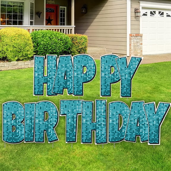 VictoryStore 24 Inch Happy Birthday Yard Letters, Luckiest Guy Font, Teal Disco Print