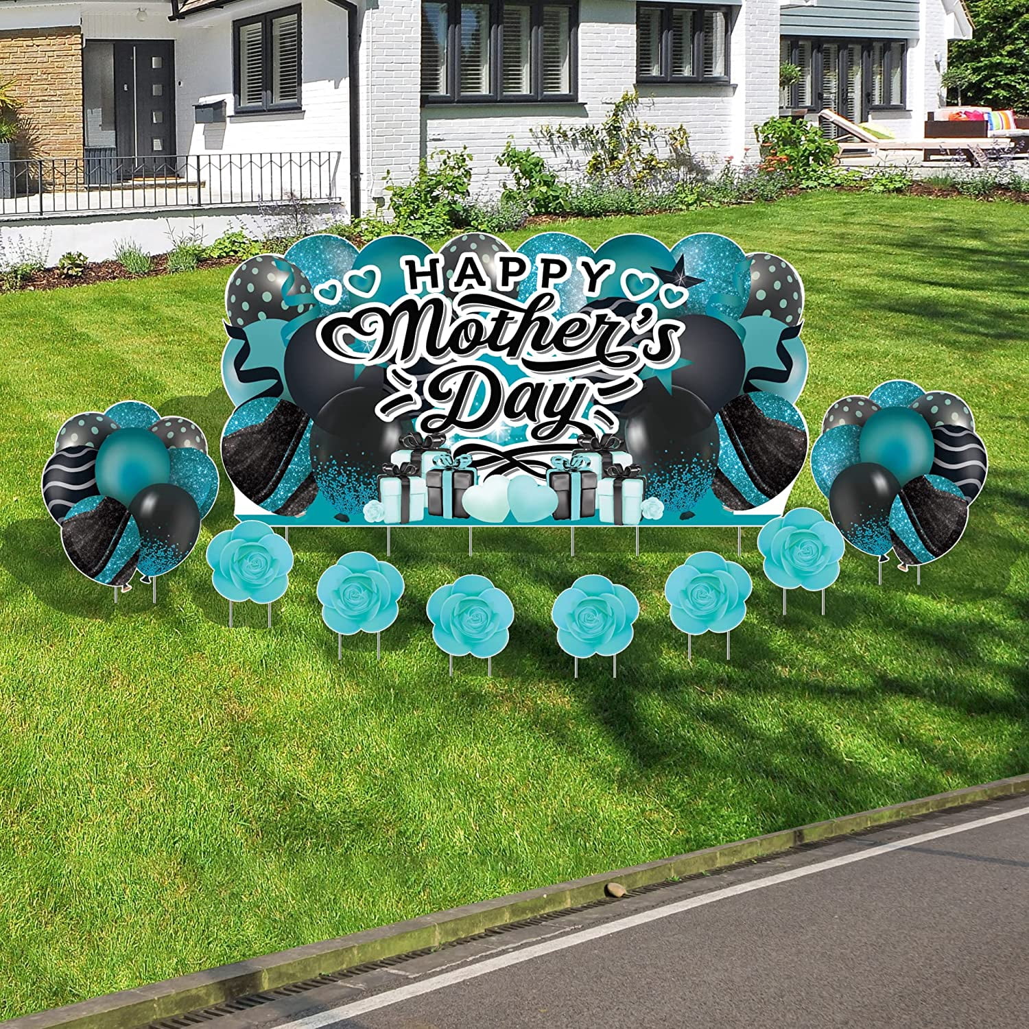 VictoryStore Mother's Day Lawn Sign 36x72 Inches Happy Mother's Day Jumbo Yard Sign American Made Waterproof Corrugated Plastic, 9 Piece Mother's Day Outdoor Decorations (Teal)