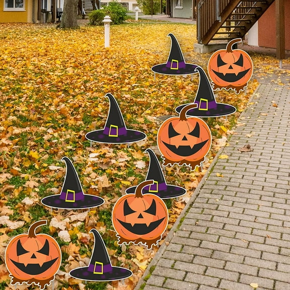 VictoryStore Orange Jack O'Lanterns and Black Witch Hats Outdoor Pathway Markers, 10 Pieces
