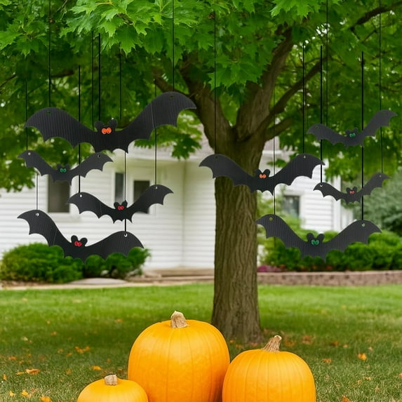 VictoryStore Outdoor Hanging Bat Halloween Yard Decorations, Set of 12 - Waterproof Plastic Hanging Halloween Decorations, Made in USA