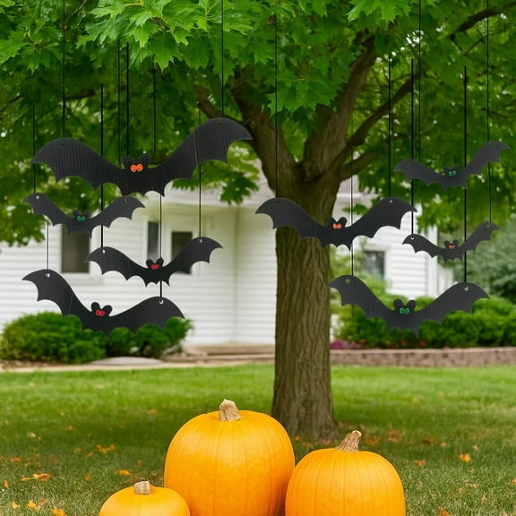 VictoryStore Outdoor Hanging Bat Halloween Yard Decorations, Set of 12 - Waterproof Plastic Hanging Halloween Decorations, Made in USA