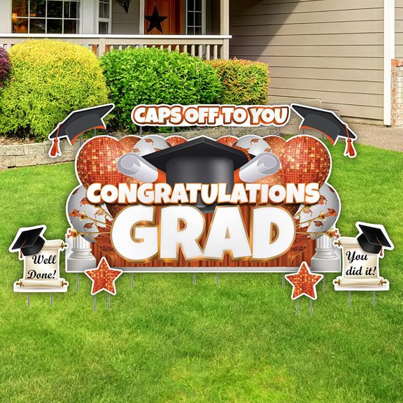 VictoryStore Oversized Orange Congratulations Grad, Caps Off To You EZ Yard Card Set, 8 Pieces