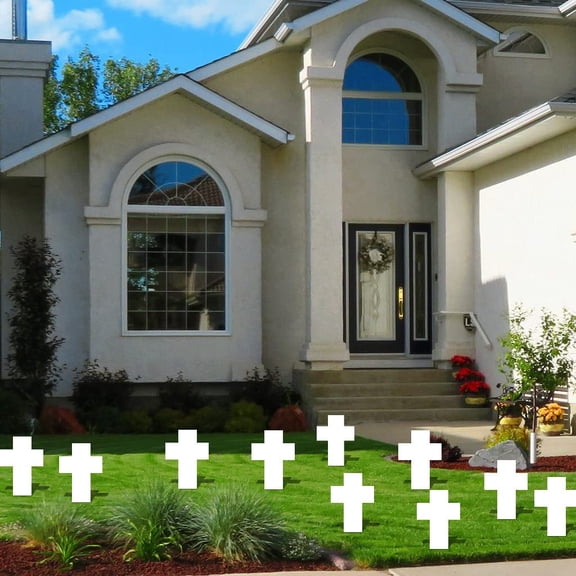 VictoryStore Yard Sign Outdoor Lawn Decorations - White Grave Marker Cross - Set of 10 - Corrugated Plastic, 16 X 22, W/2 Small Stakes