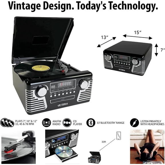 Victrola 50s Retro Teal Bluetooth Turntable 3 Speed Vinyl Player CD AM FM Radio