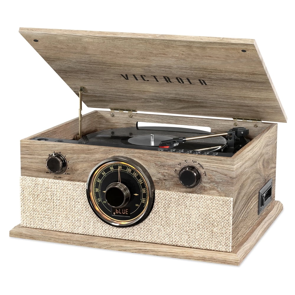 Vintage Gray Wood Bluetooth Record Player with AM/FM Radio