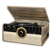 Victrola 6-in-1 Wood Bluetooth Mid Century Record Player with 3-Speed Turntable, CD, Cassette Player and Radio - Farmhouse Walnut