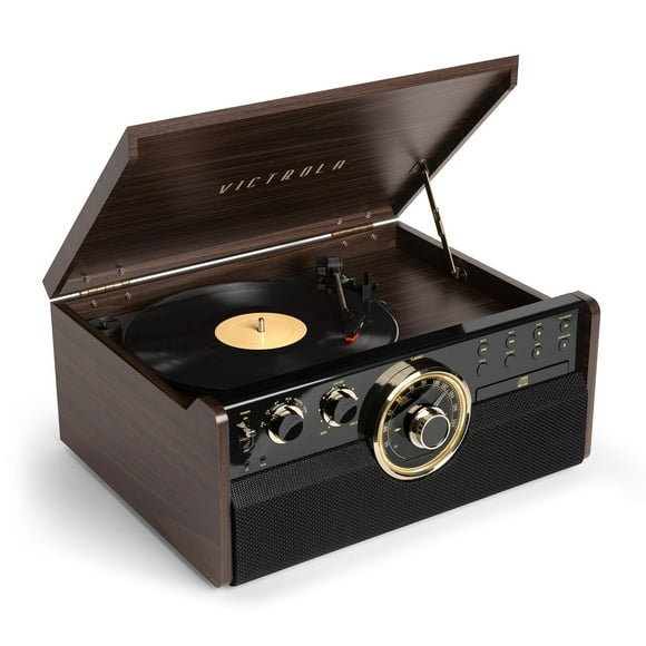 Victrola 6-in-1 Wood Empire Mid Century Modern Bluetooth Record Player with 3-Speed Turntable, CD, Cassette Player and Radio