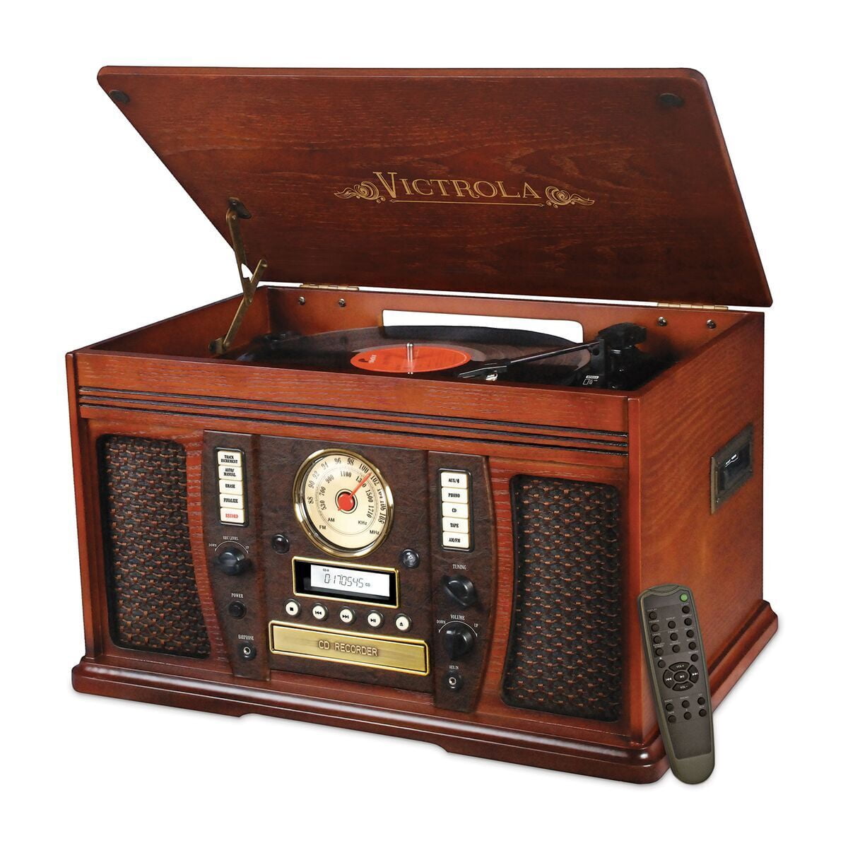 Mahogany 8-in-1 Bluetooth Record Player with CD Recorder