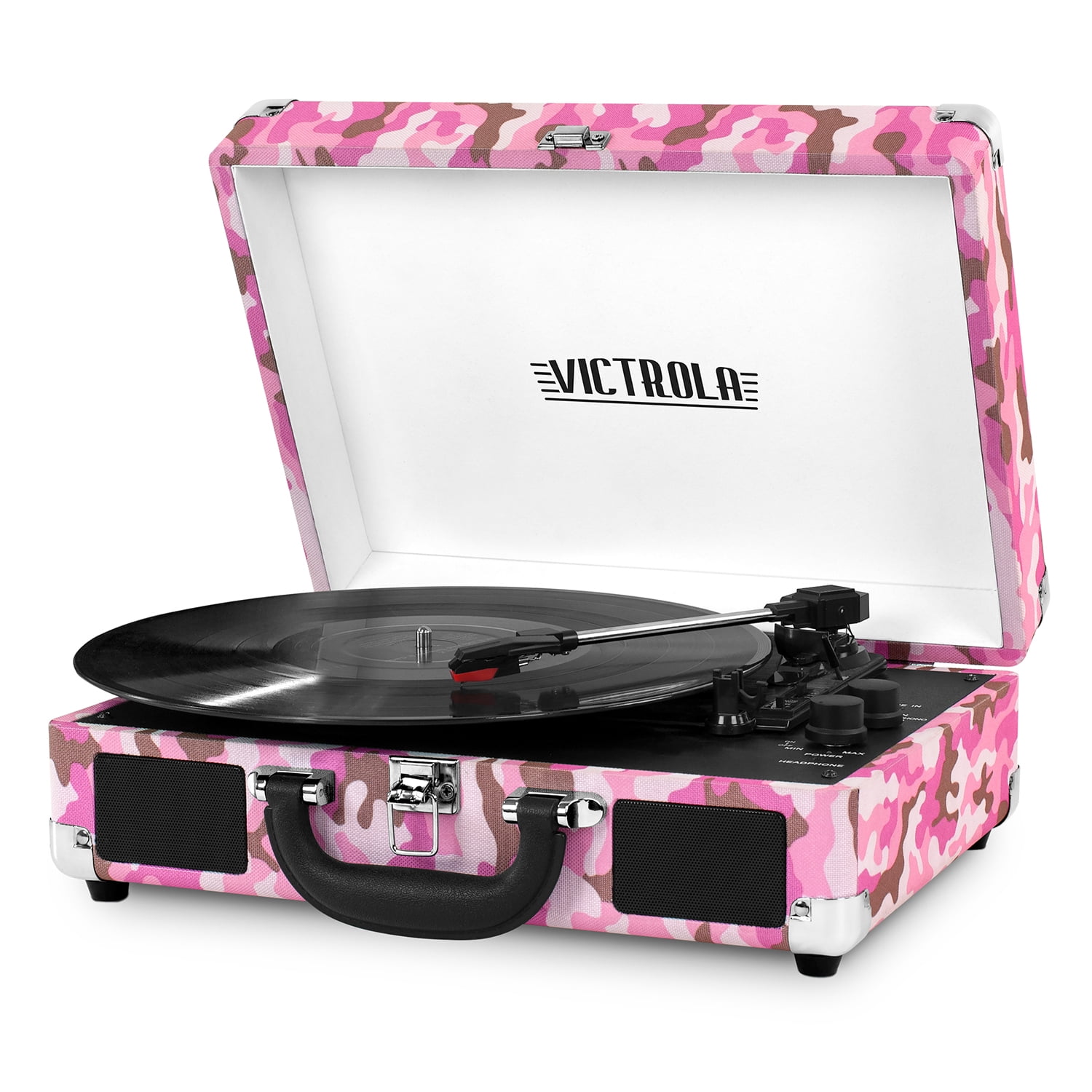 Victrola Bluetooth Portable Suitcase Record Player with 3-speed Turntable - Pink Camo