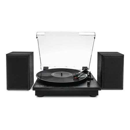 Victrola - Montauk Bluetooth Record Player with 3 speed Turntable and Bookshelf Speakers - Black