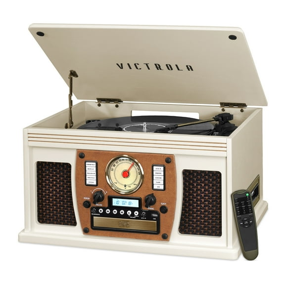 Victrola Wood 8-in-1 Nostalgic Bluetooth Record Player with USB Encoding and 3-speed Turntable - White