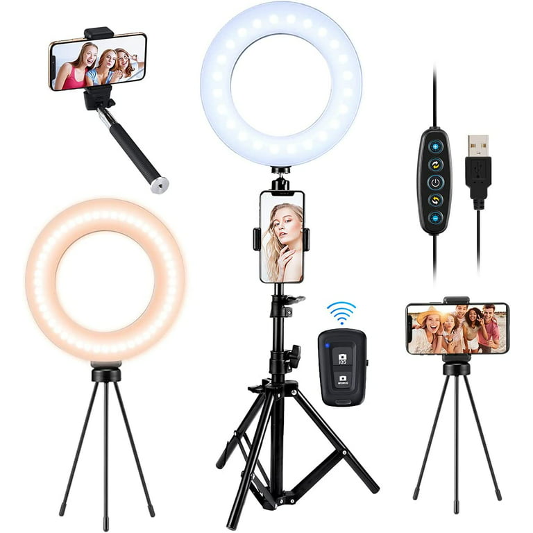 LED Ring Light 6 with Tripod Stand for  Video and Makeup, Mini LED  Camera Light with Cell Phone Holder Desktop LED Lamp with 3 Light Modes &  11 Brightness Level (6 inch)