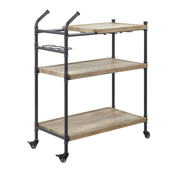 Vida 38 Inch Serving Bar Cart, Pipe Frame, Locking Casters, Brown, Black- Saltoro Sherpi