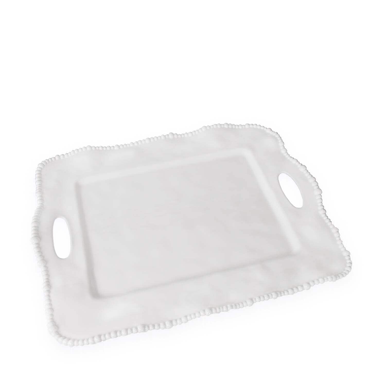 White Melamine Rectangular Tray with Handles and Pearl Rim