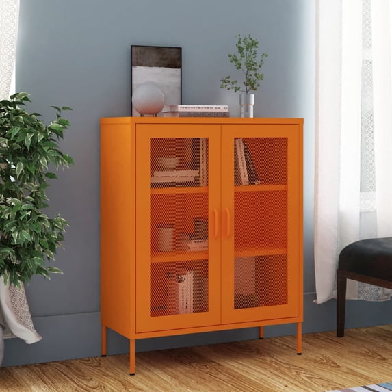 VidaXL Metal 2-Shelf Hallway Storage Cabinet with Mesh Doors, 31.5" x 13.8" x 40", Orange