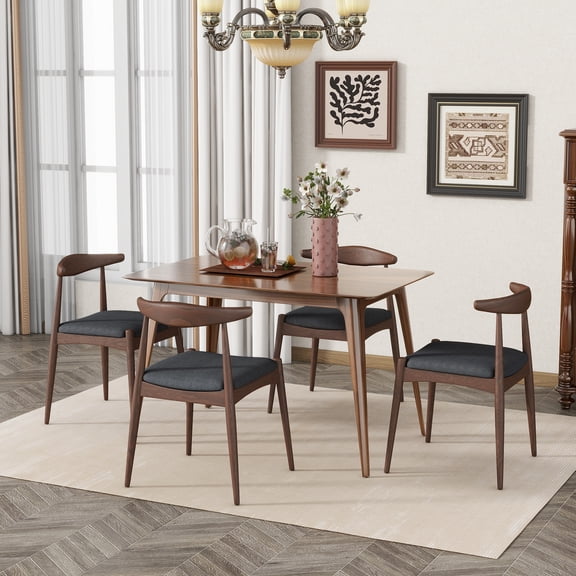 [Video] 5-Piece Dining Set 1 Table 4 Chairs, Rubberwood Frame, Faux Wood Tabletop, Retro - Elegant for Kitchen & Family Dining, Walnut+Charcoal (same sku: N759S002001F)
