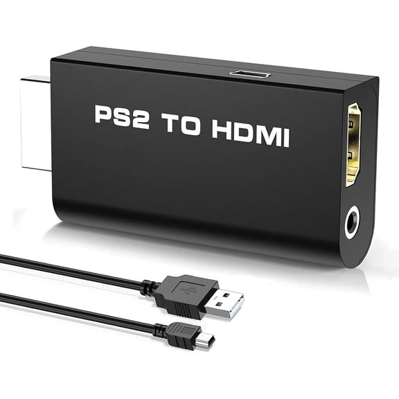 Video AV Adapter for PS2 to HDMI Converter Adapter, Video Converter with 3.5mm Audio Output for HDTV HDMI Monitor, with USB Power Cable, Supports All PS2 Display Modes