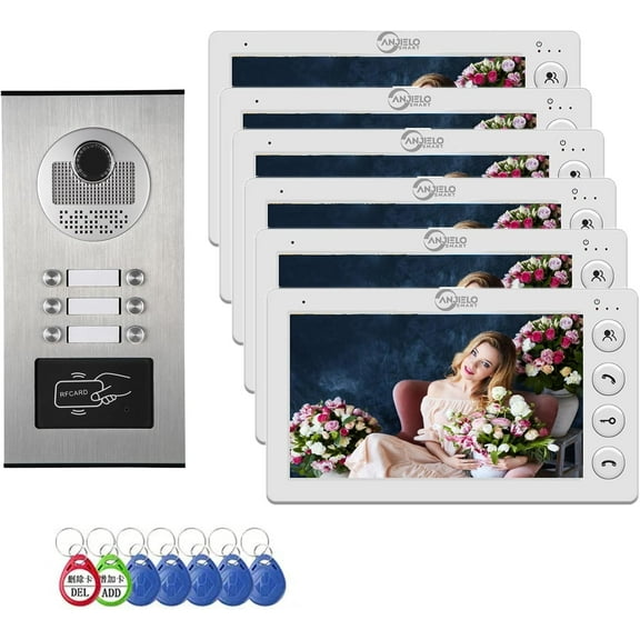 Video Apartment Intercom System, 6-Unit 7-Inch Monitor Wired Video Door Phone Kit, Indoor Outdoor Video Doorbell, 2-Way Audio Intercom