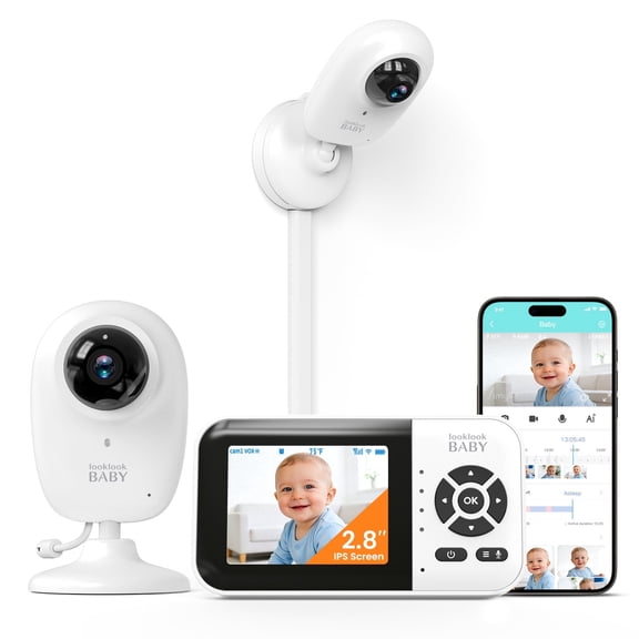 Video Baby Monitor with App and Screen 1080P Camera, 2.8 inch IPS screen, Cry Detection, Lullabies, Two Way Talk, Night Vision, Face Detection, Wall Mount, Connect Smart Watch, Temperature Monitoring