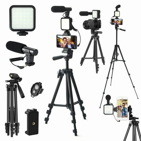 Video Blog Kit for YouTubers, 1 Set Telescopic Tripod & Microphone & Fill Light & Remote Control, Perfect Video Recording Accessories for iPhone & Android & Camera, Video Recording Equipment