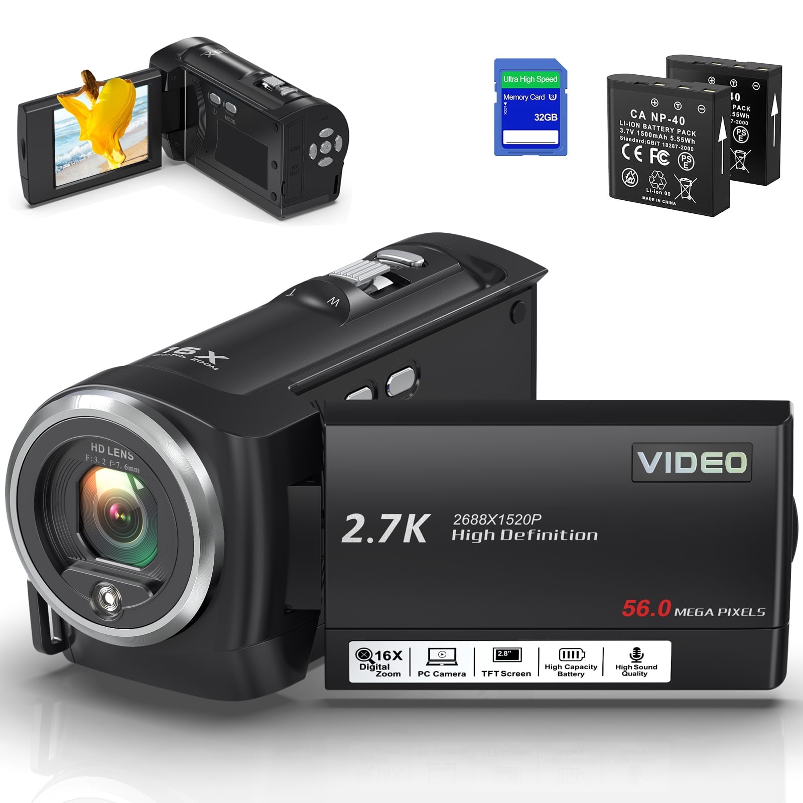 Video Camera 2.7K Camcorder 56MP 16X Zoom Vlogging Camera for YouTube