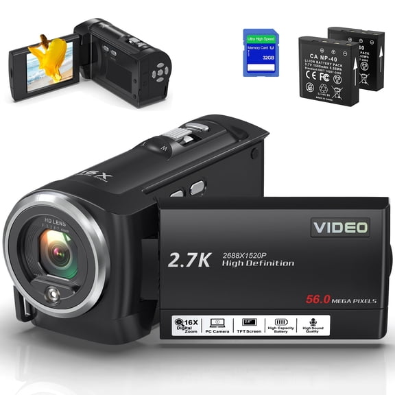 Video Camera 2.7K Camcorder 56MP 16X Zoom Vlogging Camera for YouTube