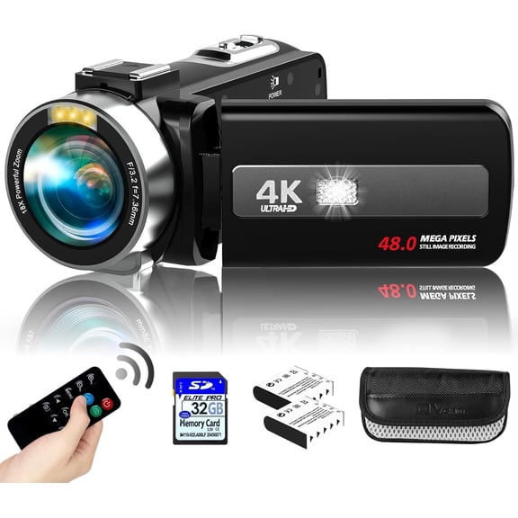 Video Camera 4K Ni ht Vision Camcorder Di ital, 48MP Vlo in Camera for YouTube, 18X Di ital Zoom Camera Recorder 3" IPS Touchscreen with 32 B SD Card, Remote, 2 Batteries