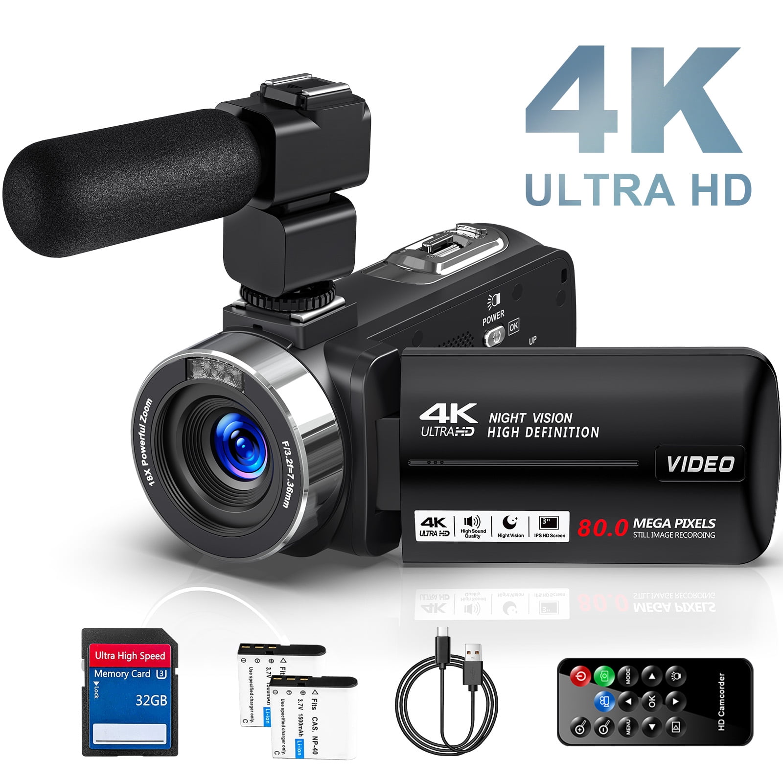 Video Camera 4K UHD 80MP 18X Zoom IR Night Vision with 32GB SD