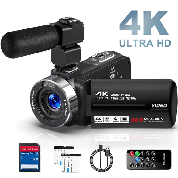 Video Camera 4K UHD 80MP 18X Zoom IR Night Vision with 32GB SD Card