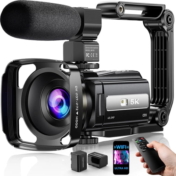 Video Camera, 5K Camcorder UHD 48MP WiFi Vlogging Camera for YouTube IR Night Vision Anti-Shake 16X Digital Zoom 3" Screen Camera with Microphone,Handheld Stabilizer,Lens ,Remote,2
