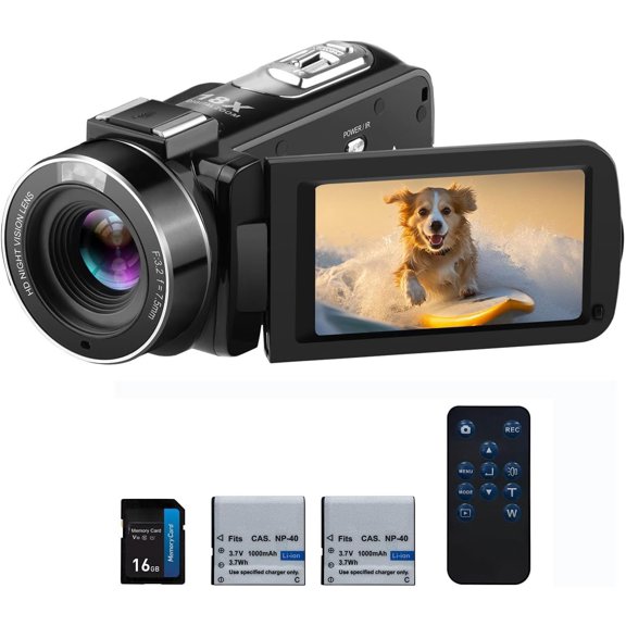Video Camera Camcorder, 1080P 30FPS IR Night Vision Vlogging Camera for Beginners, 3.0 Inch IPS Screen 18X Digital Zoom YouTube Video Camera with 16G Card, 2 Battries