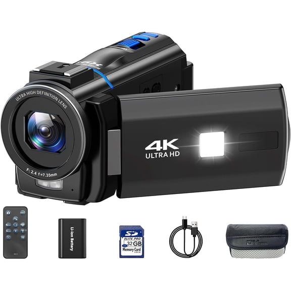 Video Camera Camcorder 4K 30fps 48MP with IR Night Vision, 16X Digital Zoom Cam Corder 3.0" 270? Rotation  Screen Video Recorder for YouTube with Remote Control, , 32GB SD Card