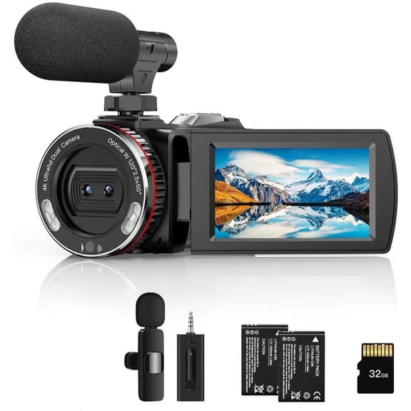 Video Camera, Camcorder 4K, 64MP 30FPS Dual Lens Camera with Wireless Mic for Vlo in YouTube, Ultra HD 3 Inch Screen 21X Di ital Zoom, Video Recorder Camera with 64 B SD Card