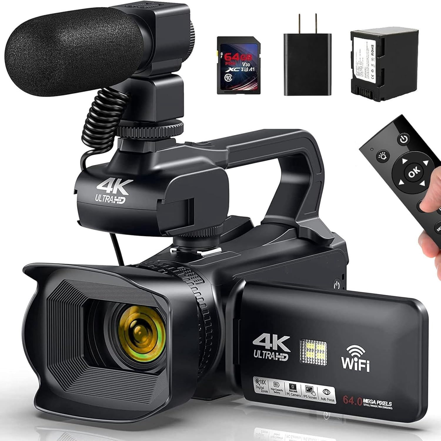 4K ビデオカメラ Video Camera Camcorder 4K 64MP 60FPS,HD Auto Focus Vlogging 4.0