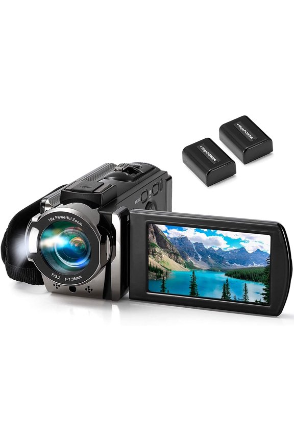 Video Camera Camcorder Digital Camera Recorder Full HD 1080P 15FPS 24MP 3.0 Inch 270 Degree Rotation LCD 16X Digital Zoom Camcorder Camera with 2 Batteries(Black)