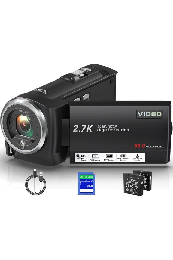 Video Camera Camcorder, QHD 2.7K 56MP 16X Digital Vlogging Camera with LED Fill Light for YouTube, 2.8'' 270? Rotation Screen Camcorder Camera with 32GB Card and Two