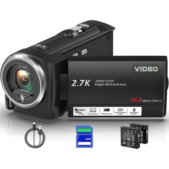 Video Camera Camcorder, QHD 2.7K 56MP 16X Digital Zoom Vlogging Camera | 2.8" 270? Rotatable Screen Camcorder, -in LED Fill Light Camcorder for YouTube with 32GB Card and Two