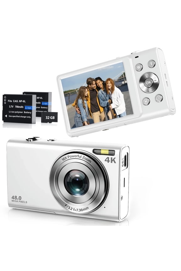 Video Digital Camera 4K, w/ 32GB TF Card Autofocus 48MP 16X Zoom Webcam Filter Effects, Compact Point and Shoot Vlogging Camera for Teens (White)