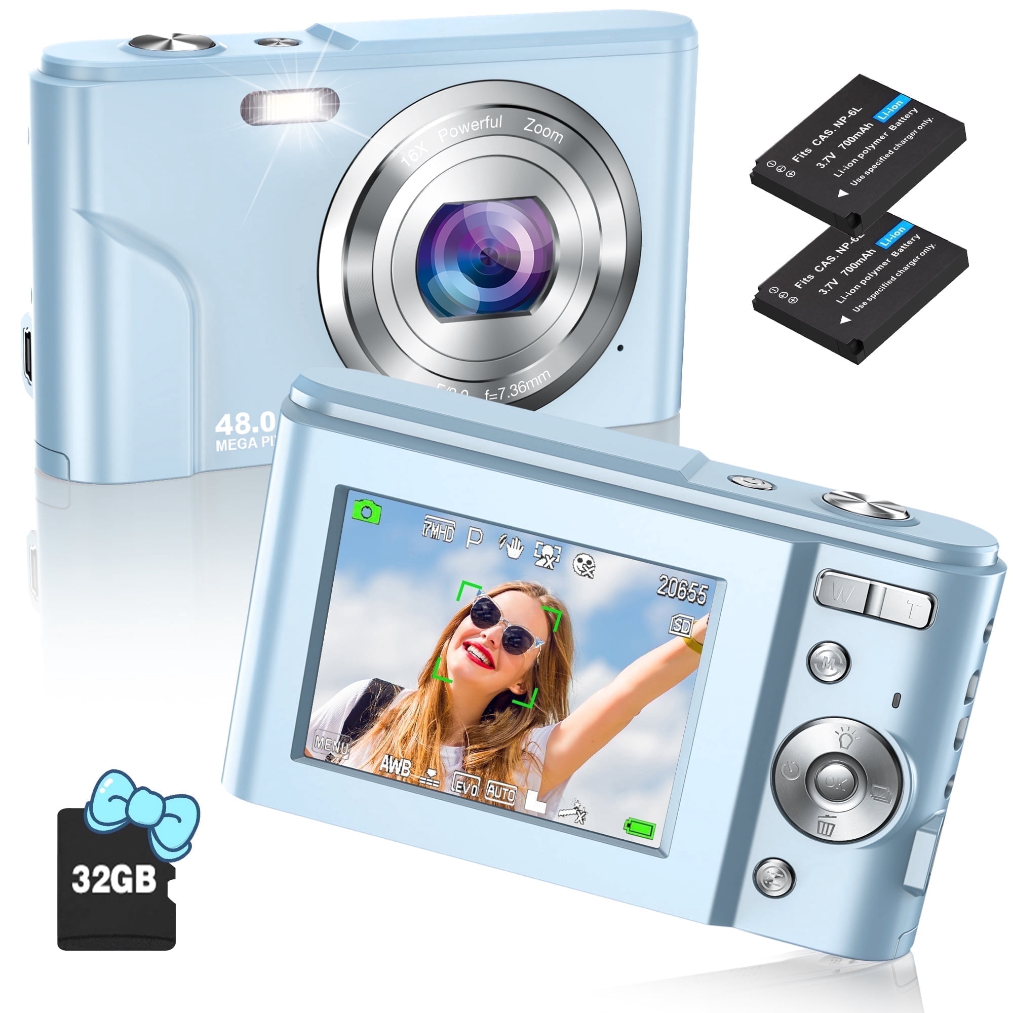 Digital Camera for Beginners with 32GB TF Card, 48MP FHD 1080P Video, Autofocus, 16X Zoom, Compact Pocket Camera for Vlogging & Webcam, Ideal for Boys and Girls (Blue)