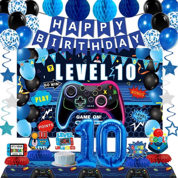 Video Game 10th Birthday Decorations for Boys, Blue 10 Party Decor Kits for Boy, 10 Years Old Game Supplies - Backdrop Honeycomb balls Hanging Swirls Centerpieces Balloons Tablecloth Cake topper Y114