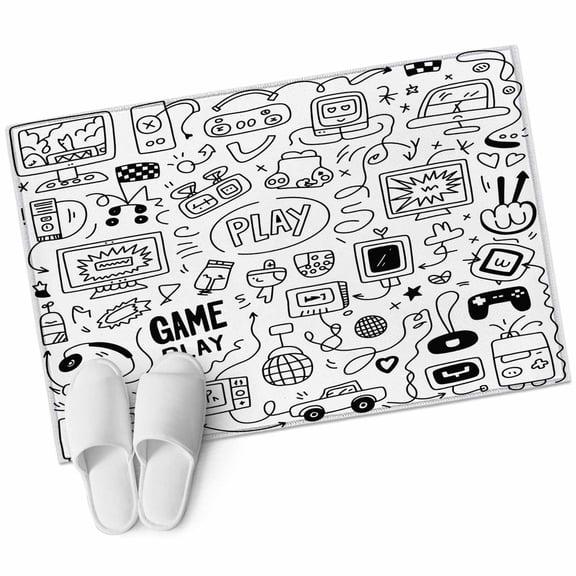Video Game 2'x3' Washable Rug, Black White Game Controller Monochrome Non-Slip Soft Doormat Area Rugs for Entrance Bathroom Bedsides, Carpet for Kitchen Bedroom, Entryway Floor Mat