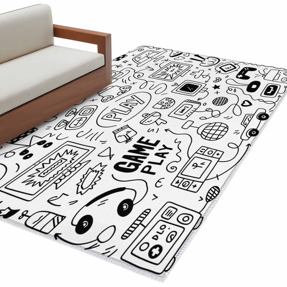 Video Game 3'x5' Washable Rug, Black White Game Controller Monochrome Non-Slip Area Rugs for Entryway Kitchen Classroom, Dorm Throw Carpet, Low Pile Soft Indoor Floor Mat