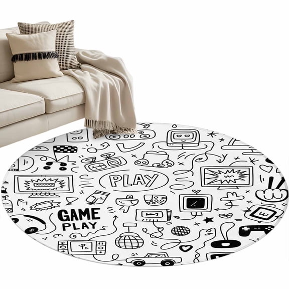 Video Game 3ft Area Rug, Black White Game Controller Monochrome Washable Non-Slip Small Round Rugs for Entryway Bedroom Kitchen, Soft Circle Carpet for Dining Room, Playroom Nursery Rug
