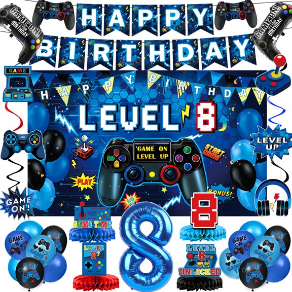 Video Game 8th Birthday Decorations for Boys, Level 8 Backdrop, Banner, Hanging Swirls, Honeycomb Centerpieces, Foil & Latex Balloons for Boy Video Game Birthday Decorations Y114